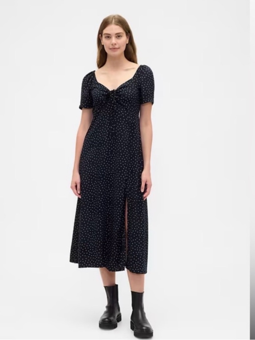 GAP Factory Black Polka Dot Midi Dress with Front Tie
